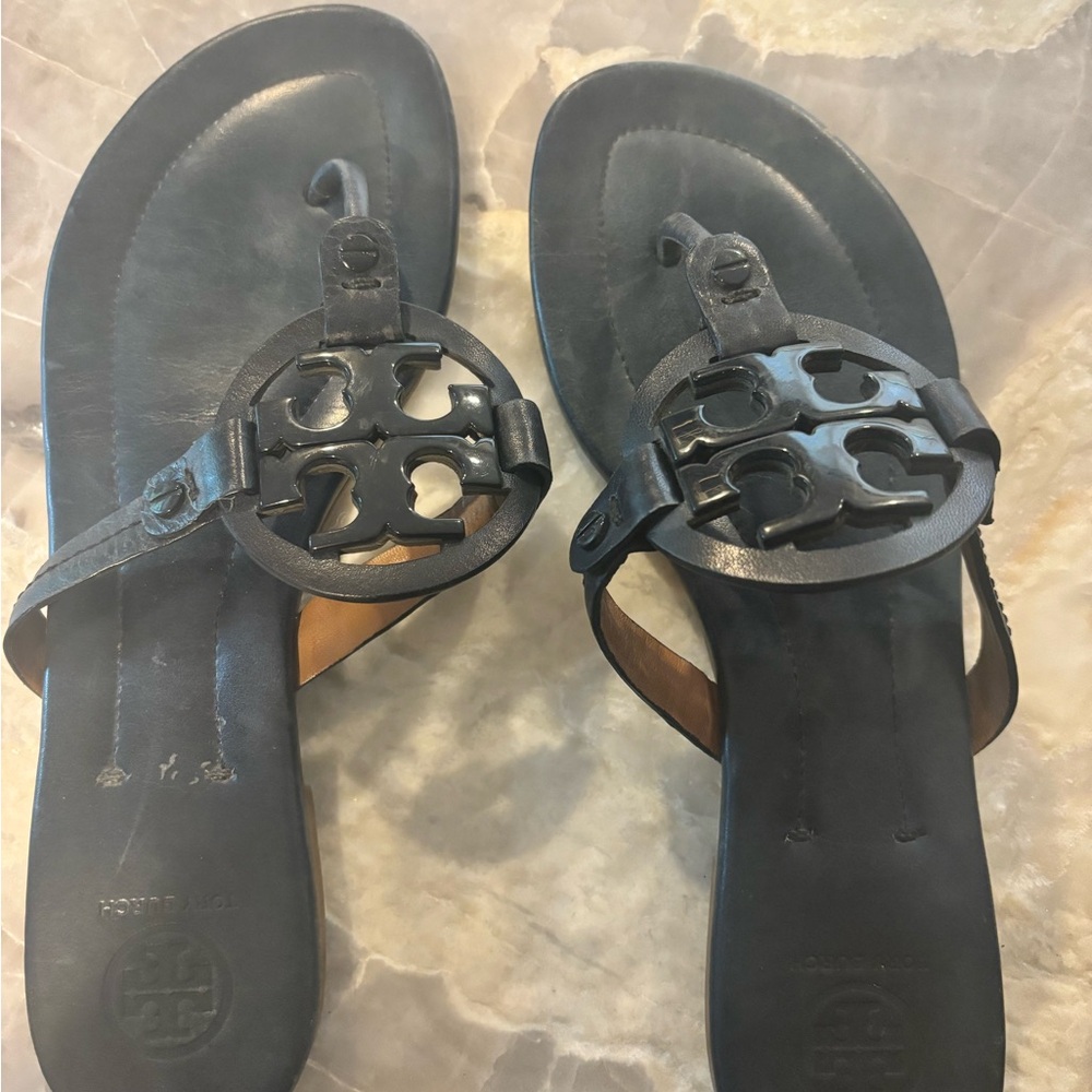 Tory Burch Black and Blue Sandals with Signature Medallion